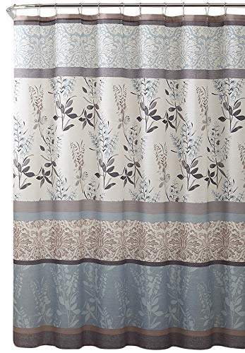 Product Cover VCNY Home Ashley Light Blue Beige Grey Canvas Fabric Shower Curtain: Contemporary Floral Bordered Damask Design, 72 by 72 Inches