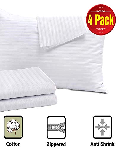 Product Cover 4 Pack Pillow Protectors King 20x36 Inches Life Time Replacement Tight Weave 3 Micron Pore Size Enhanced Protection 100% Cotton Sateen High Thread Count 400 Style Zippered White Hotel Quality Cove