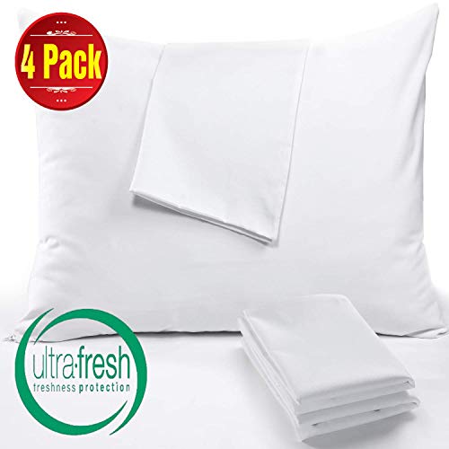 Product Cover Niagara Sleep Solution 4 Pack Pillow Protectors Standard 20x26 Inches Lab Certified Anti Allergy Ultra Fresh Treated 100% Cotton Non Crinkle Quiet Breathable Zipper Covers Cases White