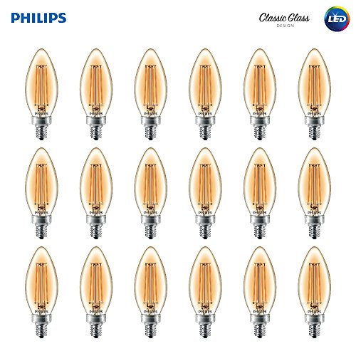 Product Cover Philips LED B11 Warm Glow Dimmable 300-Lumen, 2700-2200 Kelvin, 4-Watt  (40-Watt Equivalent) Classic Glass Candle Light Bulb with E12 Candelabra Base, Soft White, 18-Pack