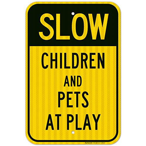 Product Cover Children and Pets at Play Sign, Slow Down Sign, Large 12x18 3M Reflective (EGP) Rust Free .63 Aluminum, Weather/Fade Resistant, Easy Mounting, Indoor/Outdoor Use, Made in USA by SIGO SIGNS