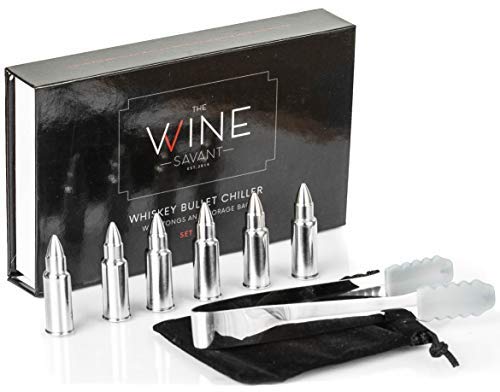 Product Cover Whiskey Stones Bullets Stainless Steel - Bullet Chillers Set of 6, The Wine Savant Stainless Steel Whiskey Rocks Bullet Shaped Ice Cubes, Beautiful Gift Box, Tongs and Storage Bag