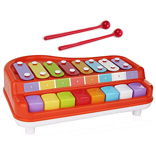 Product Cover Toysery 2 in 1 Piano Xylophone Kids Toy, Educational Toddler Musical Instruments ToySet, 8 Multicolored Key Scales in Crisp and Clear Tones with Mallets Music Cards and Songbook for Babies Boys Girls