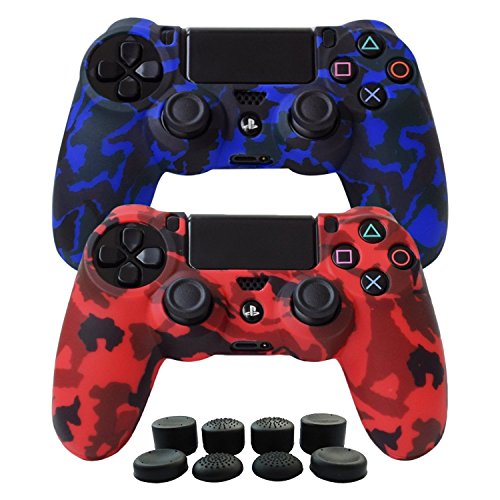 Product Cover Hikfly Silicone Gel Controller Cover Skin Protector Compatible for Sony Playstation 4 PS4/PS4 Slim/PS4 Pro Controller (2X Controller Camouflage Cover with 8 x FPS Pro Thumb Grip Caps)(Red,Blue)