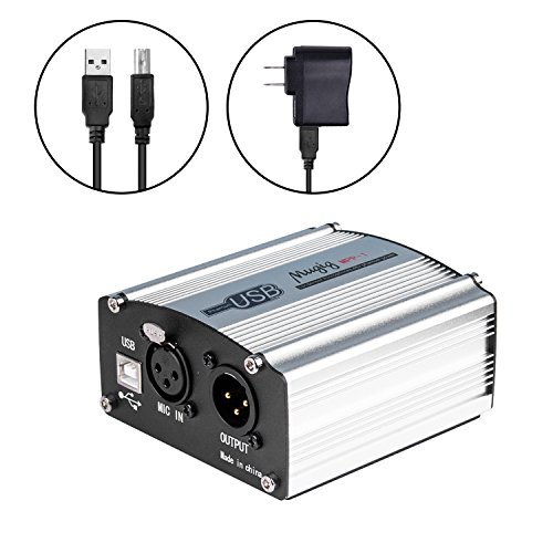 Product Cover Phantom Power Supply, Mugig 48V Micropower for Condenser Microphone, 1-Channel with Power Adapter, Universal Spec, USB Charging Port - Silver