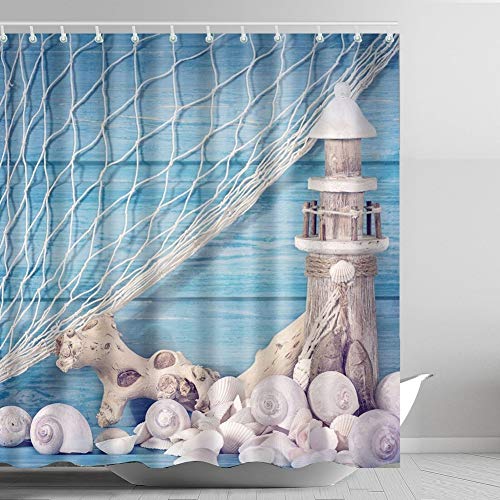 Product Cover ABxinyoule Lighthouse Shower Curtain Shell Conch Nautical Blue Fabric