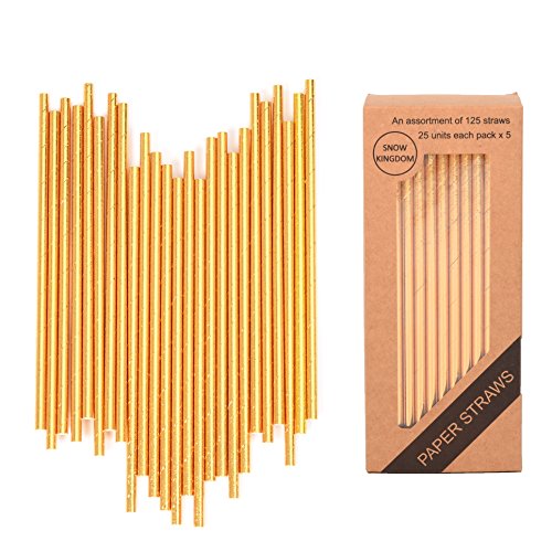 Product Cover 125 PCS Gold Paper Straws Biodegradable Metallic Drinking Decoration Eco Friendly Disposable - Boxed 5 Individual Packs of 25 Units
