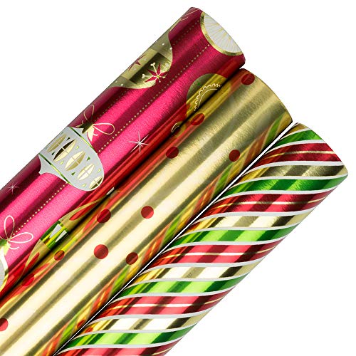 Product Cover JAM PAPER Assorted Gift Wrap - Christmas Foil Wrapping Paper - 75 Sq Ft Total - Christmastime Set - 3 Rolls/Pack