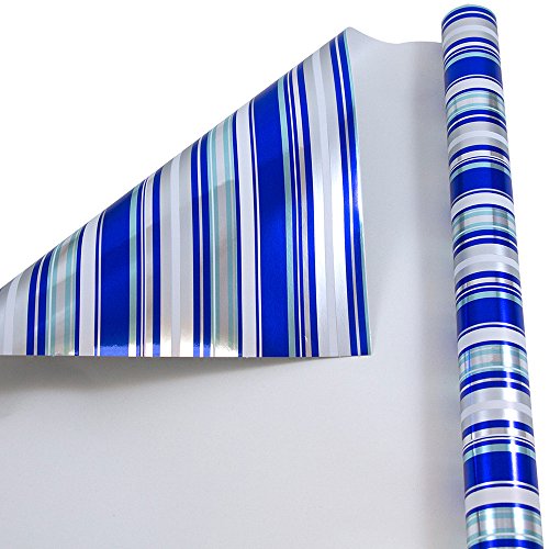 Product Cover JAM PAPER Gift Wrap - Christmas Foil Wrapping Paper - 25 Sq Ft - Blue & Silver Stripes - Roll Sold Individually