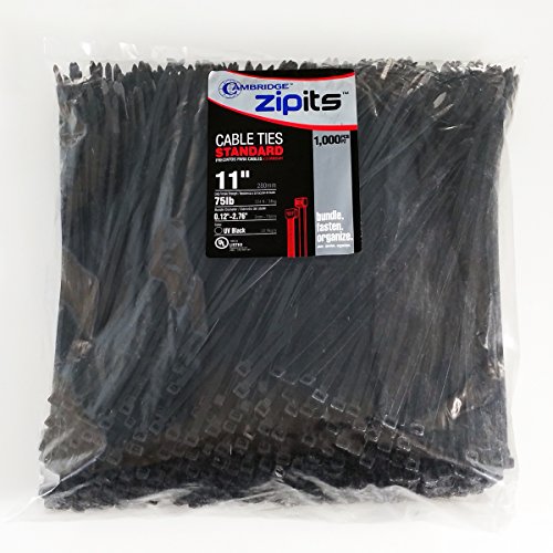 Product Cover Cambridge ZipIts Multi Purpose Cable Ties Zip Ties 11 Inch 75 Lb 1000 Pieces Standard Duty UV Black Professional Strength Industrial Quality UL Listed
