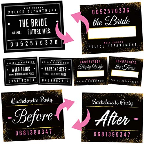 Product Cover Bachelorette Party Mugshot Signs - Girls Night Out, Birthday, Wedding & Bachelorette Party Supplies Decorations - 21 Reversible Photo Booth Prop Signs - 42 Variations