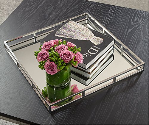 Product Cover Le'raze Beautiful Mirrored Tray with Chrome Rails, Elegant Square Vanity Mirror Tray with Side Bars, Makes A Great Bling Gift 16 Inch