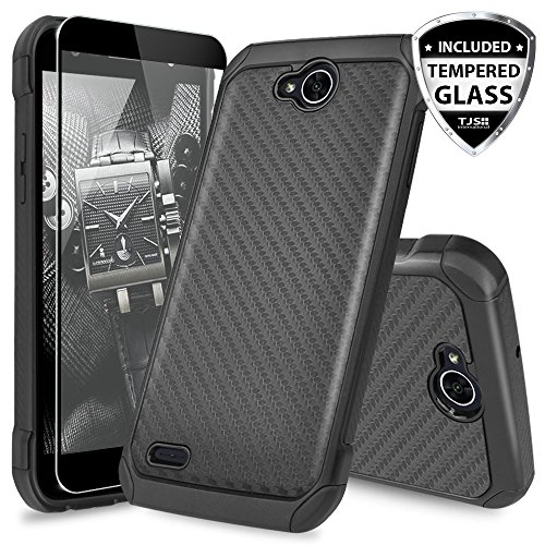 Product Cover LG X Power 2 M320/LG Fiesta LTE/LG X Charge/LG Fiesta 2 Case, with TJS [Full Coverage Tempered Glass Screen Protector] Shock Absorbing Armor Case Carbon Fiber Back with Hard TPU Inner Layer (Black)