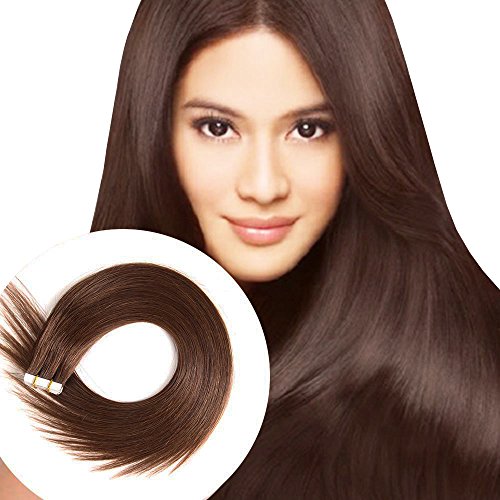 Product Cover Tape in Human Hair Extensions 16 inches 20pcs 40g Silky Straight Remy Tape in Extensions Color 4 Medium Brown