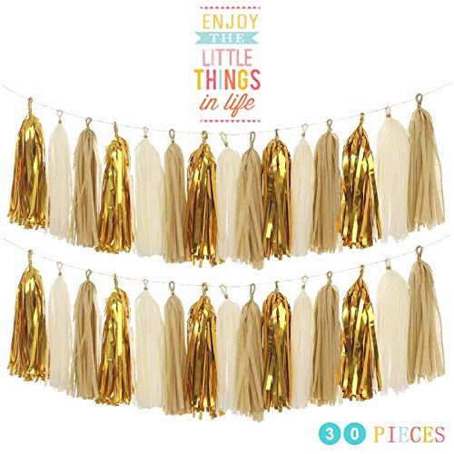 Product Cover MerryNine Tissue Tassels Garlands, 30PCS Tassels, 14 Inch Long Tassels, for Wedding, Baby Shower, Event & Party Supplies Decoration (Tan/Ivory/Gold Set)