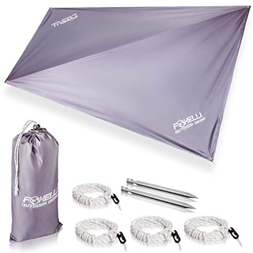Product Cover Foxelli Rain Tarp - Lightweight, Portable, Waterproof 12' Camping Tarp, Easy Set Up with Included Extra Long Guy Lines & Stakes - Perfect Rain Fly for Hammock