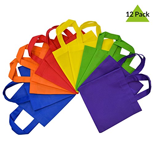 Product Cover 10x10 12 Pcs. Large Multi Color, Bright Neon Colors, Flat Reusable Gift Bags with Handles, Eco Friendly Tote Bags, Party Favor Bags for Kids Birthday Parties
