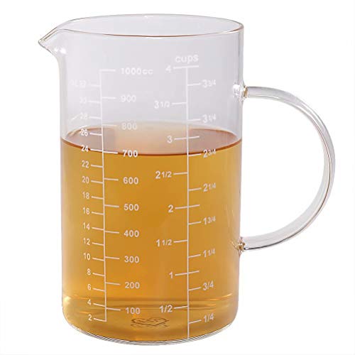 Product Cover Glass Measuring Cup, [Insulated handle, V-Shaped Spout], 77L High Borosilicate Glass Measuring Cup for Kitchen or Restaurant, Easy To Read, 1000 ML (1 Liter, 4 Cup)
