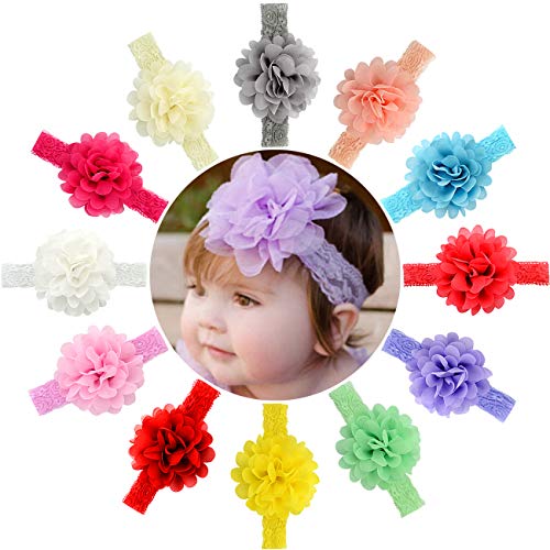 Product Cover 12pcs Baby Girls Headbands Chiffon Flower Lace Band Hair Accessories for Newborns Infants Toddlers