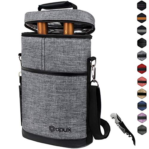 Product Cover Insulated 2 Bottle Wine Carrier | Wine Tote Bag with Shoulder Strap, Padded Protection, Corkscrew Opener | Portable Wine Cooler Carrying Bag for Travel Picnic - Heather Grey