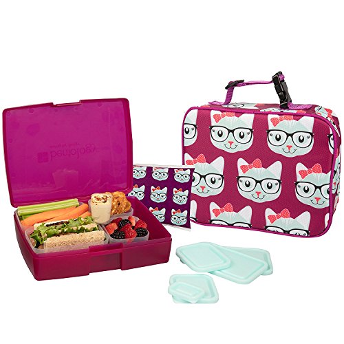 Product Cover Bentology Lunch Bag and Box Set for Girls - Includes Insulated Sleeve with Handle, Bento Box, 5 Containers and Ice Pack - Kitty