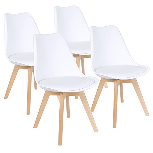 Product Cover Furmax Mid Century Modern DSW Dining Chair Upholstered Side Chair with Beech Wood Legs and Soft Padded Shell Tulip Chair for Dining Room Living Room Bedroom Kitchen Set of 4 (White)