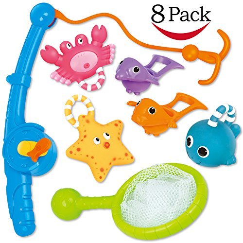 Product Cover Bath Toy, Fishing Floating Squirts Toy and Water Scoop With Organizer Bag(8 Pack), Funcorn Toys Fish Net Game in Bathtub Bathroom Pool Bath Time for Kids Toddler Baby Boys Girls, Bath Tub Spoon