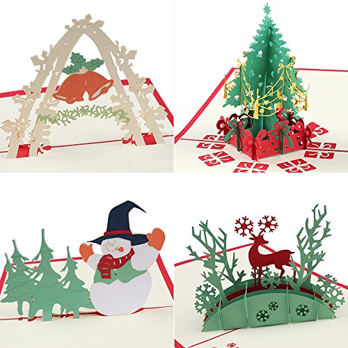 Product Cover Coogam Pop Up Christmas Card with Envelope Set of 4 - Handmade Paper Craft Get Well Soon Cut out Greeting Card for New Year Holiday Gift - Feature Xmas Tree,Snowman,Reindeer and Bell