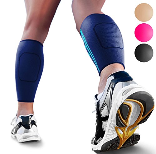 Product Cover Calf Compression Sleeves by SPARTHOS (Pair) - Leg Compression Socks for Men and Women - Shin Splint Calf Pain Relief Medical Leg Pain and Cramps Recovery Varicose Veins (Blue-M)