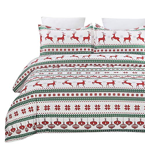 Product Cover Vaulia Lightweight Microfiber Duvet Cover Set, Printed Reindeer Pattern for Christmas New Year Holidays, Red/Green - King