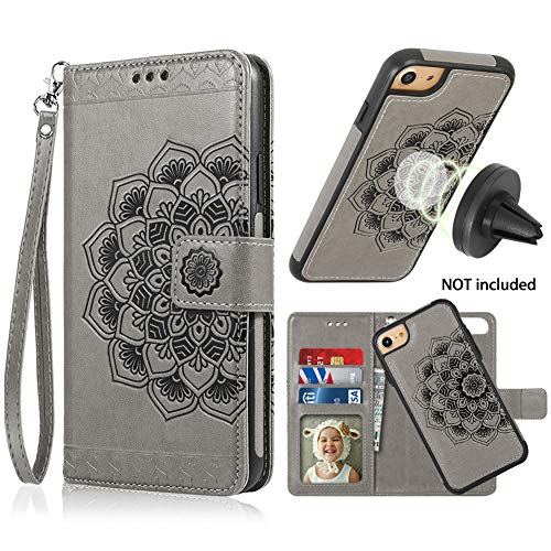 Product Cover iPhone 8 Case,iPhone 7 Wallet Cases with Detachable Slim Case Fit Magnetic Car Mount, Card Solts Holder, CASEOWL Embossed Mandala Pattern Flower Floral Vegan Leather Flip Wallet Case [Gray]
