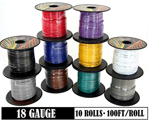 Product Cover GS Power 18 Gauge Ga, 10 Rolls of 100 Feet (Total of 1000 ft) Car Audio Video Primary Remote Turn on Hook up Trailer Wire (Cable Set Color: Black Red Blue Green Brown Orange Grey Purple White Yellow)
