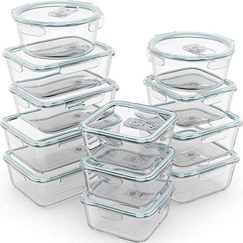 Product Cover Razab 24 Pc Glass Food Storage Containers Airtight Lids Microwave/Oven/Freezer & Dishwasher Safe - Steam Release Valve BPA/ PVC-Free -Small & Large Reusable Round, Square & Rectangle Bento Containers