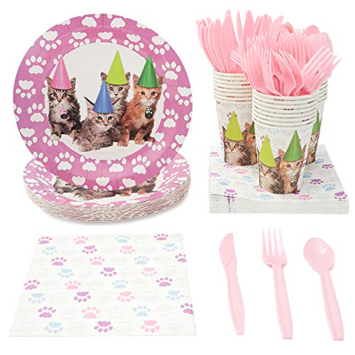 Product Cover Juvale Kitten Party Supplies Plates Napkins Cups and Cutlery Set (Serves 24)