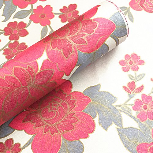 Product Cover Moyishi Vintage Floral Flower Paper Peel & Stick Shelf Liner Dresser Drawer Sticker 17.7''x78.7'' (Red)