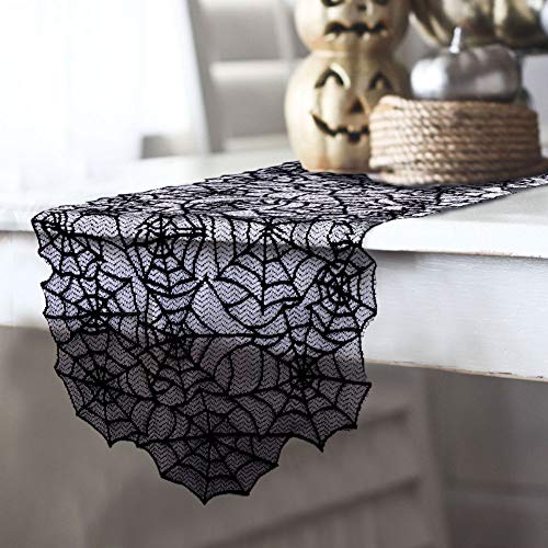 Product Cover OurWarm 80 x 20 Inch Halloween Table Runner, Black Spider Web Tablecloth Polyester Lace Table Runner for Halloween Dinner Table Decorations