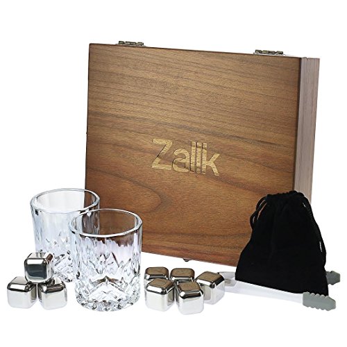 Product Cover Whiskey Stones Gift Set - Set Of 8 Stainless Steel Beverage Chilling Rocks Ice Cubes Includes 2 Whiskey Glasses, Velvet Bag, Tongs With Elegant Wooden Gift Box - For Whiskey, Vodka, Liqueurs By Zalik