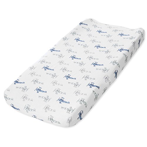 Product Cover Aden by aden + anais Classic Changing Pad Cover, 100% Cotton Muslin, Super Soft, Breathable, Tailored Snug Fit, Single, Sky High, Plane