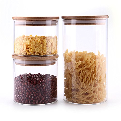Product Cover ComSaf Airtight Canisters for Bulk Food Storage Set of 3-17/22/43oz, BPA Free High Borosilicate Glass Cookies Jar with Bamboo Lid, Cylinder Cereal Container with Sealing