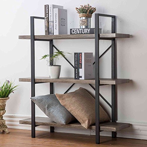 Product Cover HSH 3-Shelf Bookcase, Rustic Bookshelf, Vintage Industrial Metal Display and Storage Tower, Gray Oak
