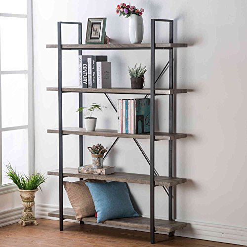 Product Cover HSH 5-Shelf Vintage Industrial Rustic Bookshelf, Wood and Metal Bookcase, Open Etagere Book Shelf, Gray Oak