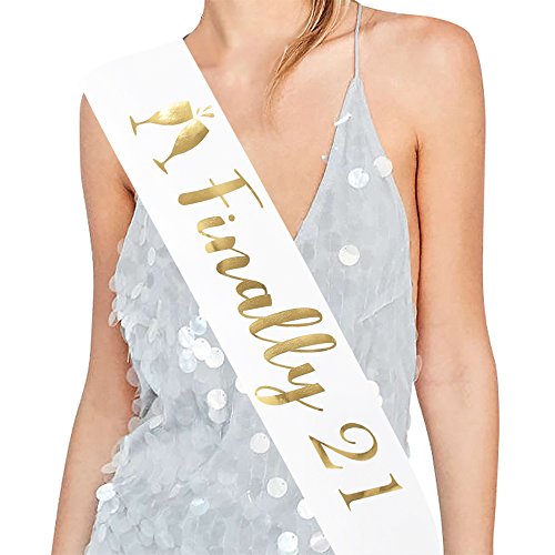 Product Cover Finally 21 Satin Sash - 21st Birthday Sash Finally Legal Sash Drinking Age Birthday Party Favors, Supplies and Decorations(White)