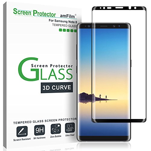 Product Cover amFilm Glass Screen Protector for Samsung Galaxy Note 8, Full Screen Coverage, 3D Curved Tempered Glass, Dot Matrix with Easy Installation Tray (Black)