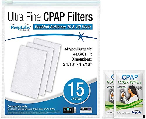 Product Cover RespLabs CPAP Filters Compatible with ResMed AirSense, AirCurve - S9, AirStart, Autoset 10 | Disposable, Universal Replacement Filter Kit [15 Pack]