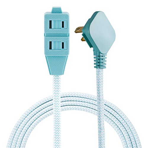 Product Cover Cordinate, Mint/White, Designer 3 Extension, 2 Prong Power Strip, Extra Long 8 Ft Cable with Flat Plug, Braided Chevron Fabric Cord, Slide-to-Lock Safety Outlets, 39983