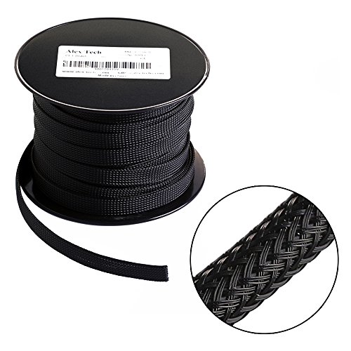 Product Cover 100ft - 1/2 inch PET Expandable Braided Sleeving - Black - Alex Tech braided cable sleeve