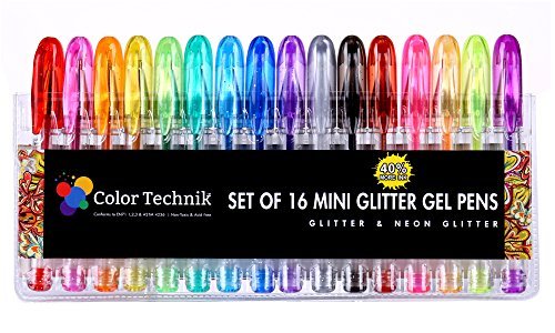 Product Cover Glitter Gel Pens by Color Technik, Set of 16 Mini Glitter and Neon Glitter Pens, Best Assorted Colors, No Duplicates, 40% More Ink, Handy Travel Pack, Enhance Your Coloring Experience Now