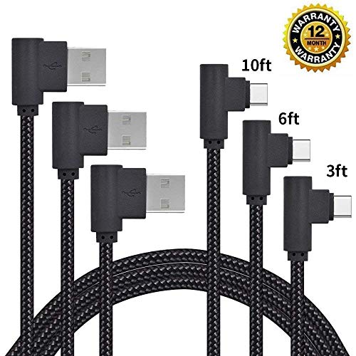 Product Cover USB Type C Cable, CTREEY 90 Degree 3 Pack 3ft 6ft 10ft Nylon Braided Long Cord USB Type A to C Charger for LG G6 V20 G5,Google Pixel, Nexus 6P, Samsung Galaxy S8+ (Black)