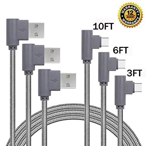 Product Cover USB Type C Cable, CTREEY 90 Degree 3 Pack 3ft 6ft 10ft Nylon Braided Long Cord USB Type A to C Charger for MacBook, LG G6 V20 G5,Google Pixel, Nexus 6P, Nintendo Switch, Samsung Galaxy S8+ (Grey)
