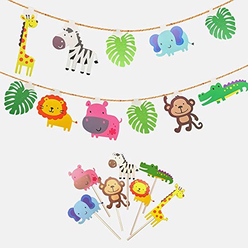 Product Cover kapoklife Animal Party Banner with 28-Pack Cute Zoo Animal Cupcake Toppers Picks,Jungle Animals Cake Toppers for Kids Baby Shower Birthday Party Cake Decoration Supplies